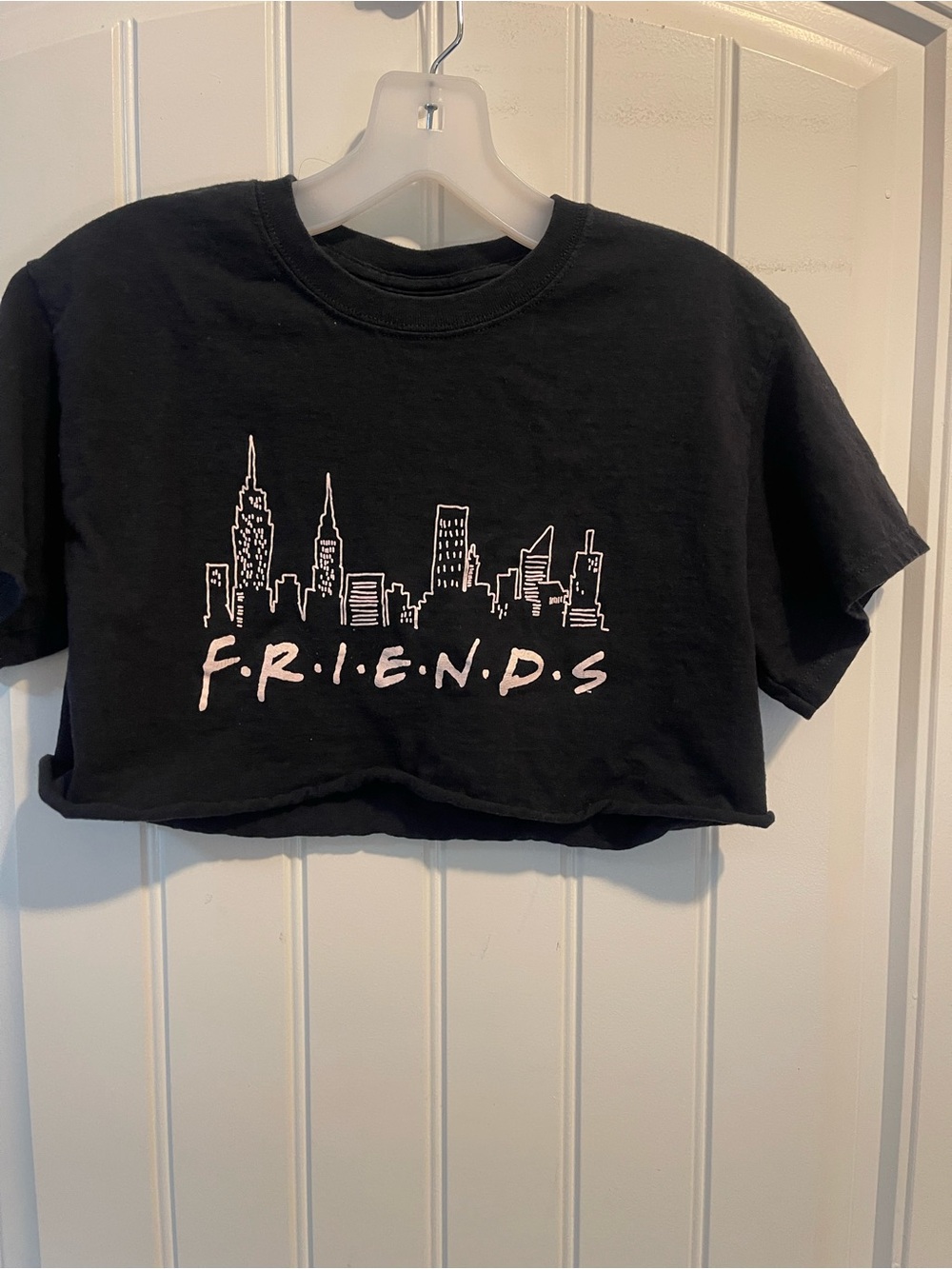 FRIENDS Black Cropped Tee with White Skyline & Logo distressed y2k raw edge